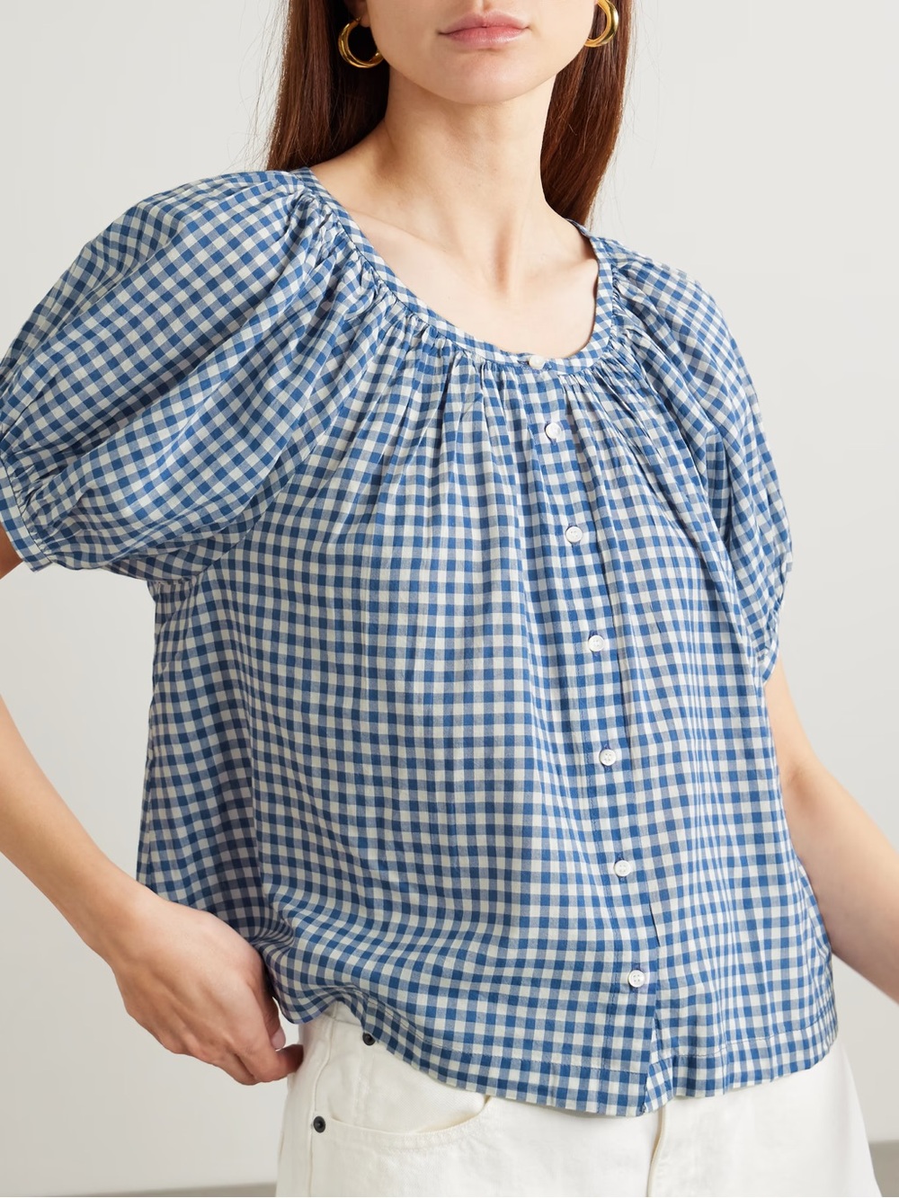 DÔEN June Blouse Top Blue Gingham Organic Cotton Blend Size XS